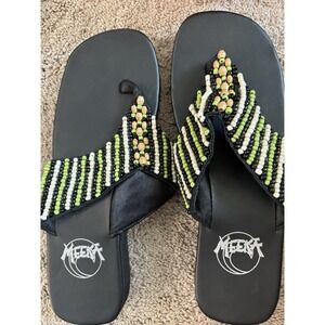 Women's Meeka Sandals Beaded Black, Green And‎ White Sling Back Size 7 Boho